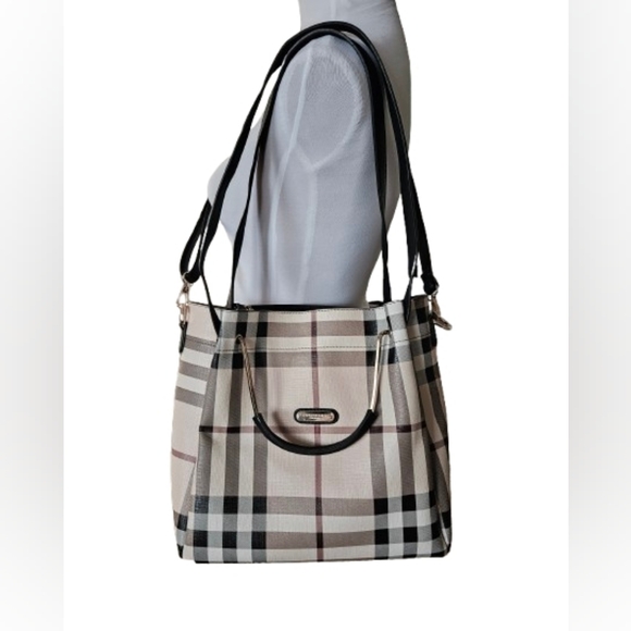 Handbags - Plaid Shoulder Bag with Black Accents